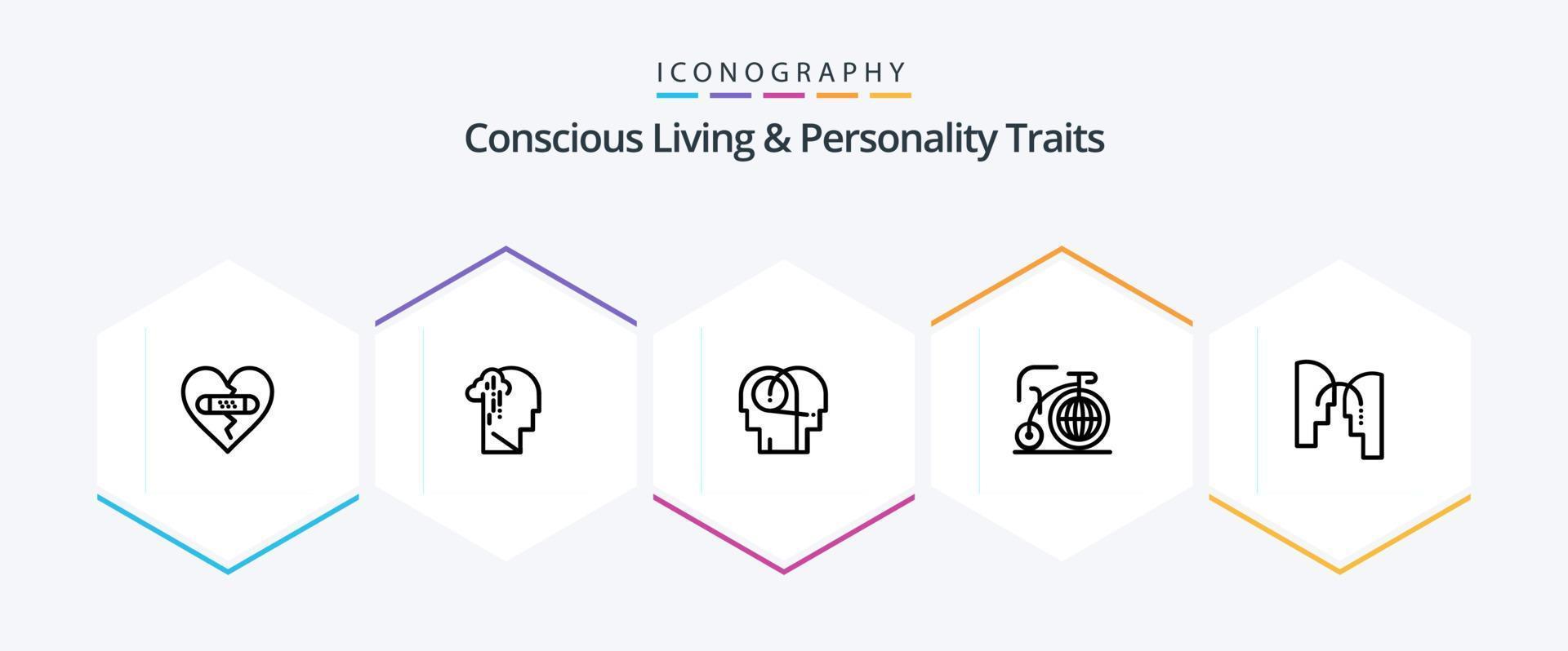 Concious Living And Personality Traits 25 Line icon pack including inspiration. bike. melancholy. big. hearing vector