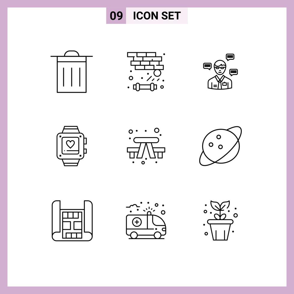 Mobile Interface Outline Set of 9 Pictograms of camping wedding manager heart handwatch Editable Vector Design Elements