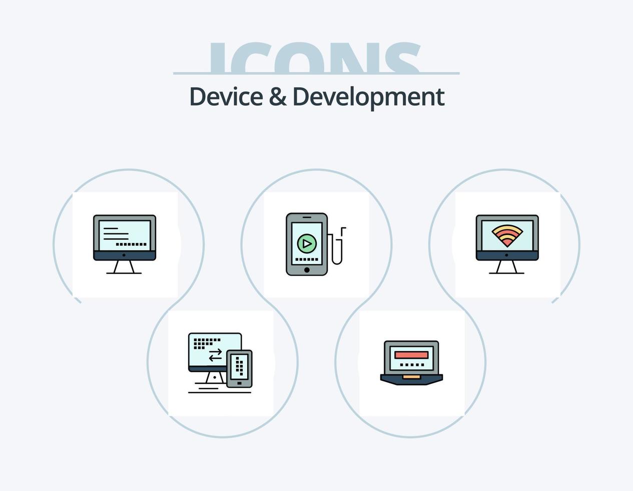 el dispositivo y la línea de desarrollo llenaron el paquete de iconos 5 diseño de iconos. cargar. educación. web música. altavoz vector