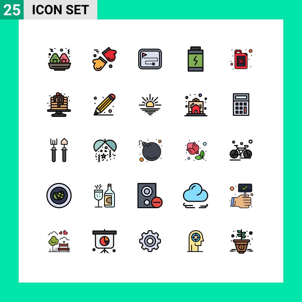 paquete de 25 modernos signos y símbolos de colores planos de línea rellena para medios de impresión web, como elementos de diseño de vectores editables de carga de cartucho de punto de gasolina para hornear