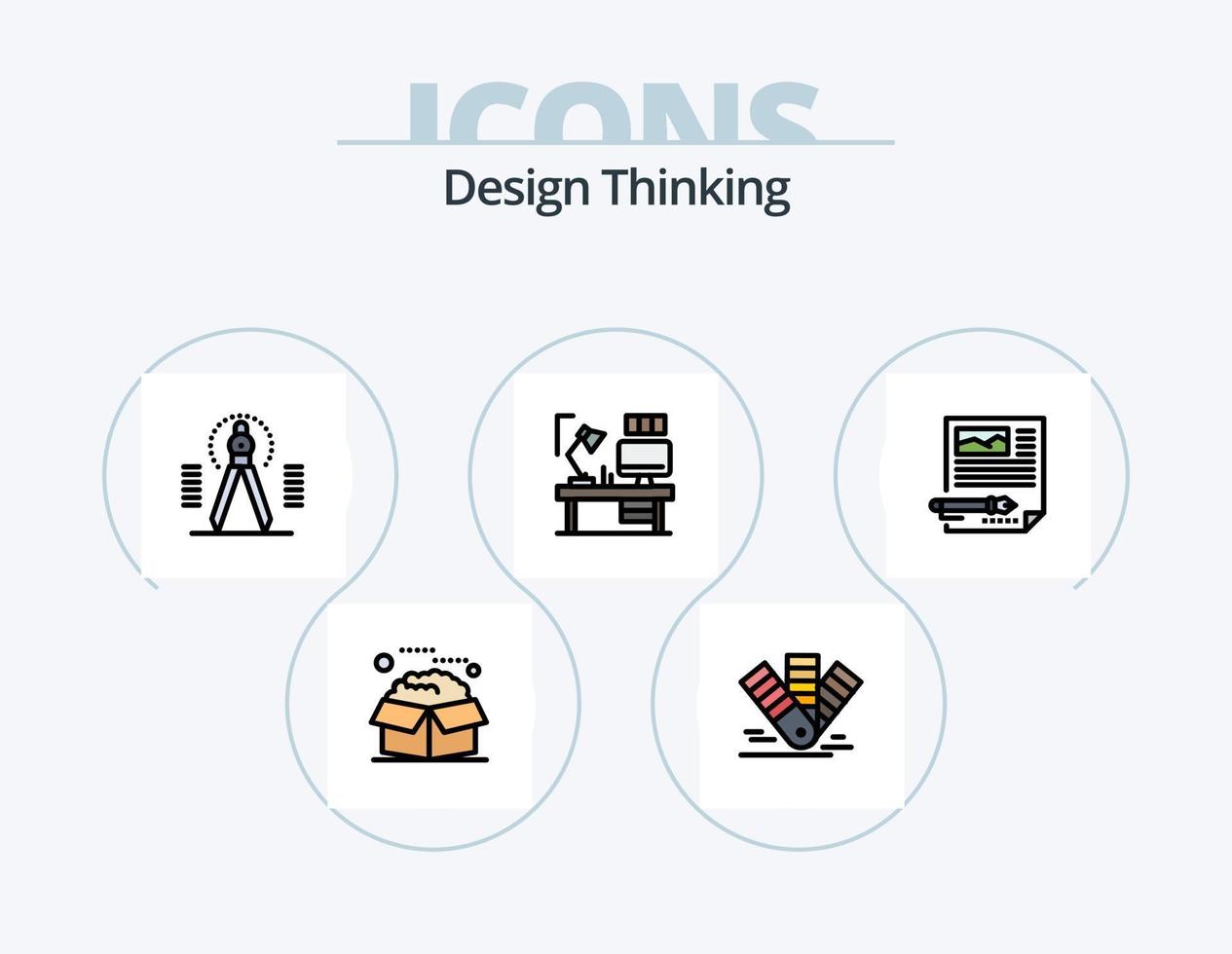 Design Thinking Line Filled Icon Pack 5 Icon Design. pen. card. service. color. bolt vector