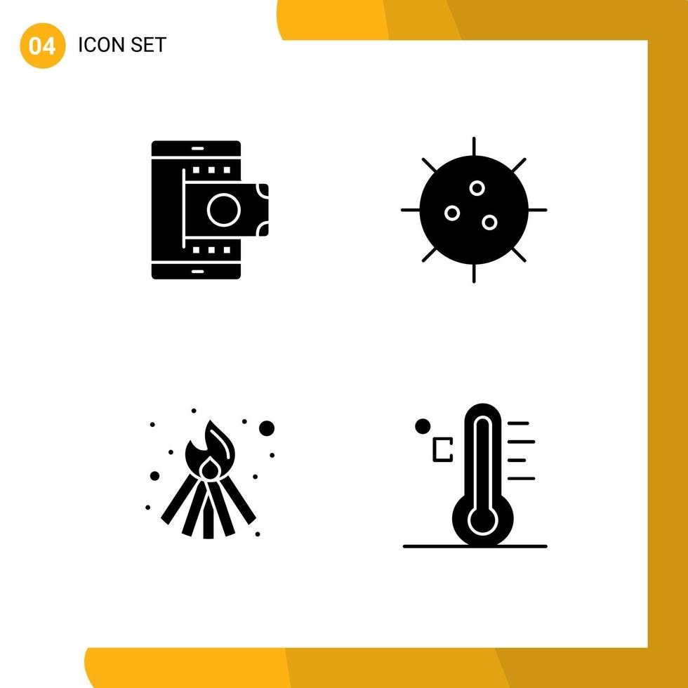 Pack of 4 creative Solid Glyphs of mobile germ shopping biology fire Editable Vector Design Elements
