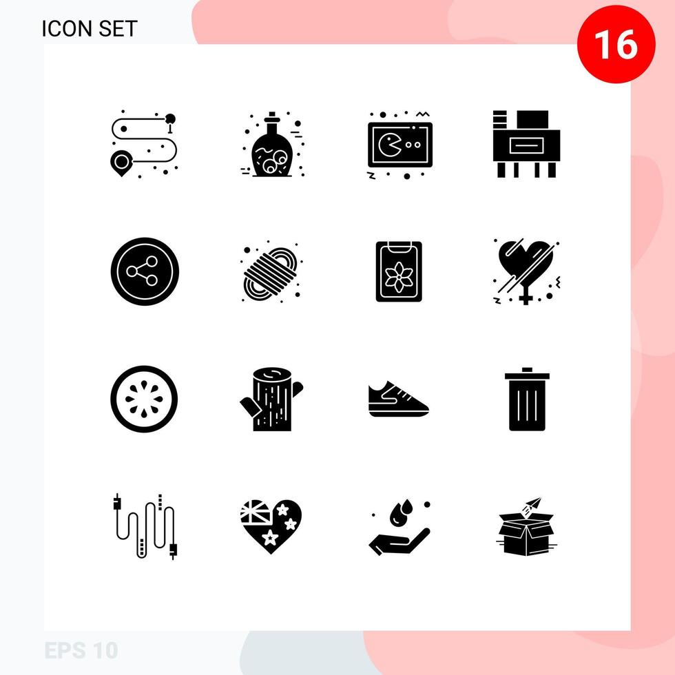 Modern Set of 16 Solid Glyphs Pictograph of camping rope share game school desk Editable Vector Design Elements