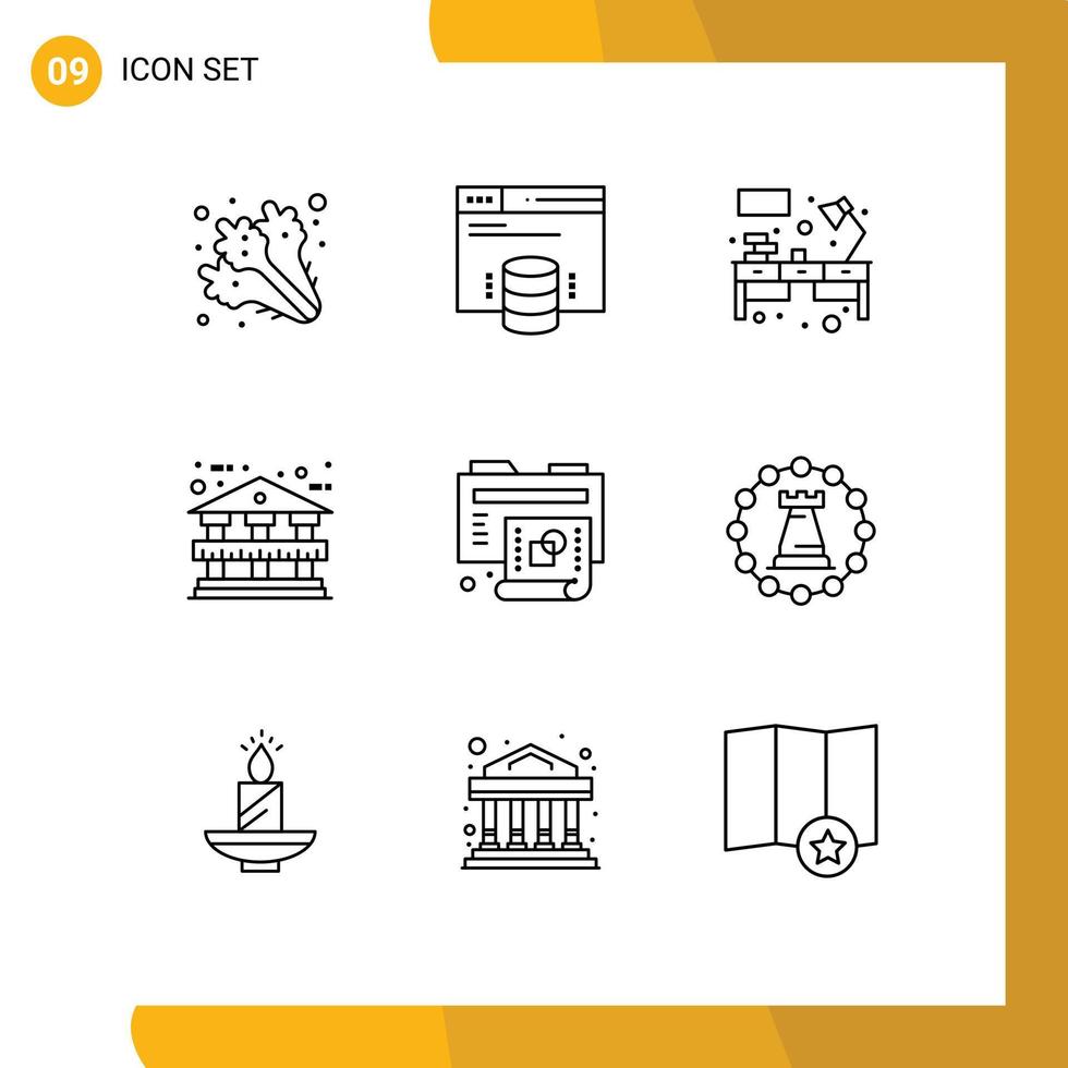 Group of 9 Outlines Signs and Symbols for new creative desk bank building architecture Editable Vector Design Elements