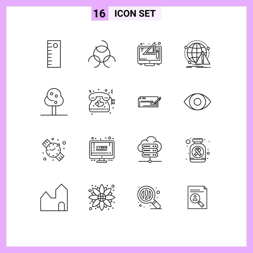 Stock Vector Icon Pack of 16 Line Signs and Symbols for heart summer thinking nature computer Editable Vector Design Elements