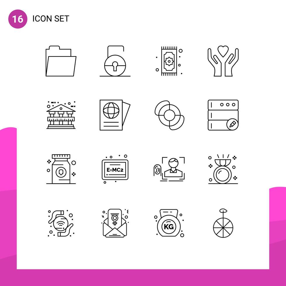 Mobile Interface Outline Set of 16 Pictograms of bank building architecture pray heart care Editable Vector Design Elements