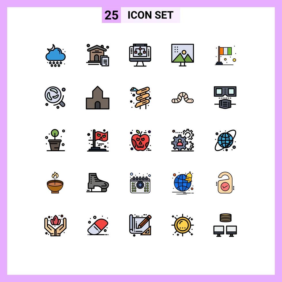 paquete de 25 modernos signos y símbolos de colores planos de línea rellena para medios de impresión web, como retoque fotográfico, modificación de fotografías, edición de imágenes inmobiliarias, elementos de diseño vectorial editables por computadora vector