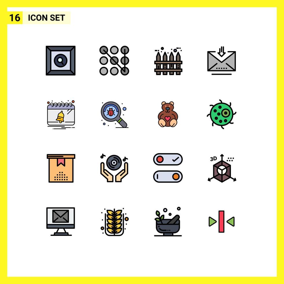 Group of 16 Flat Color Filled Lines Signs and Symbols for notification calendar realty bell letter Editable Creative Vector Design Elements