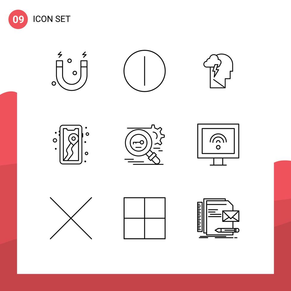 Outline Pack of 9 Universal Symbols of secure search mind key map Editable Vector Design Elements