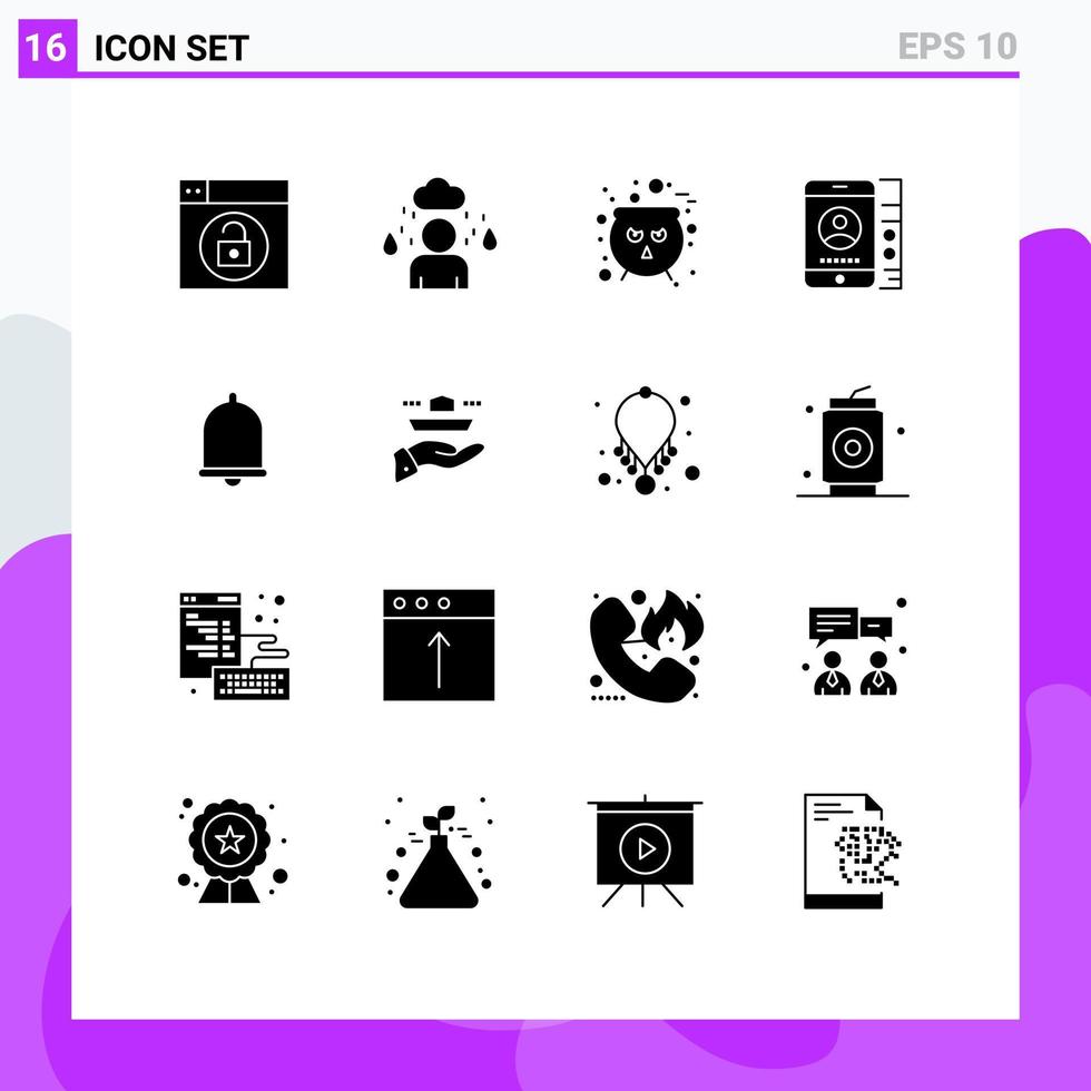 16 concepto de glifo sólido para sitios web móviles y aplicaciones notificación alerta caldero teléfono celular elementos de diseño vectorial editables vector