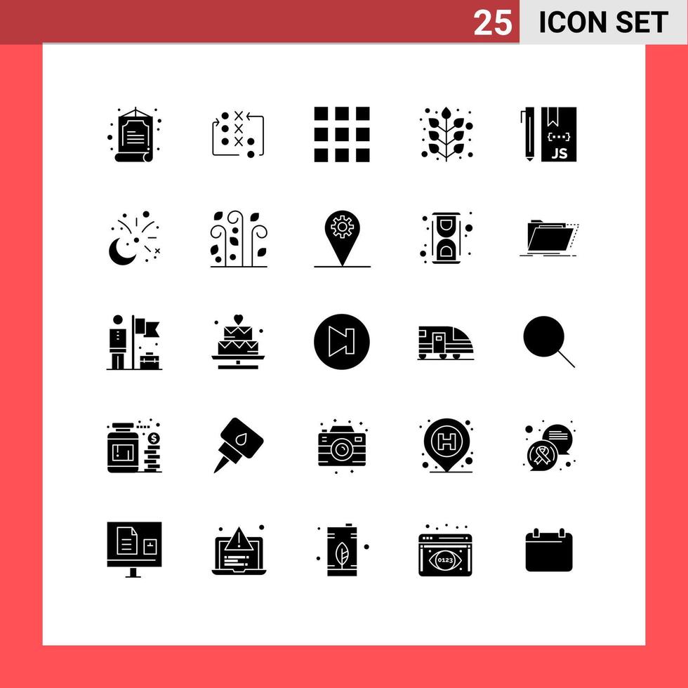 25 Universal Solid Glyphs Set for Web and Mobile Applications development coding grid cloud leaf Editable Vector Design Elements
