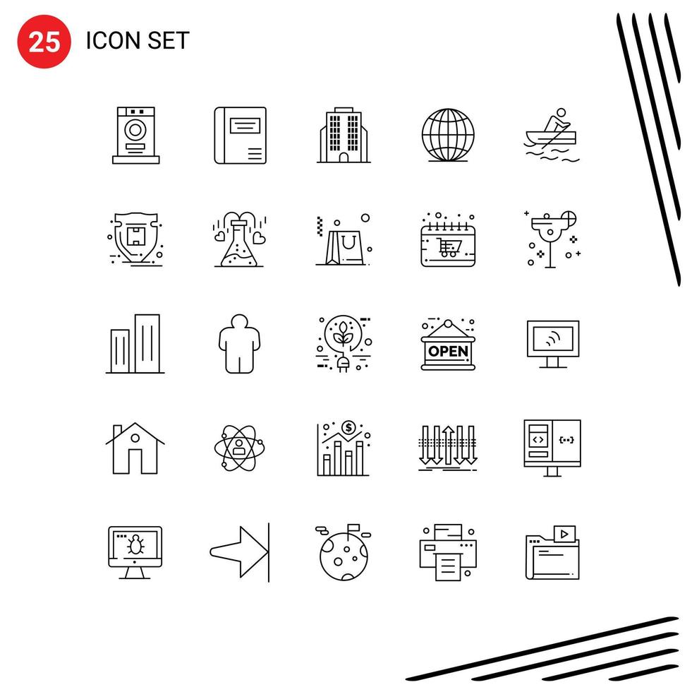 Mobile Interface Line Set of 25 Pictograms of water rowing building boat globe Editable Vector Design Elements
