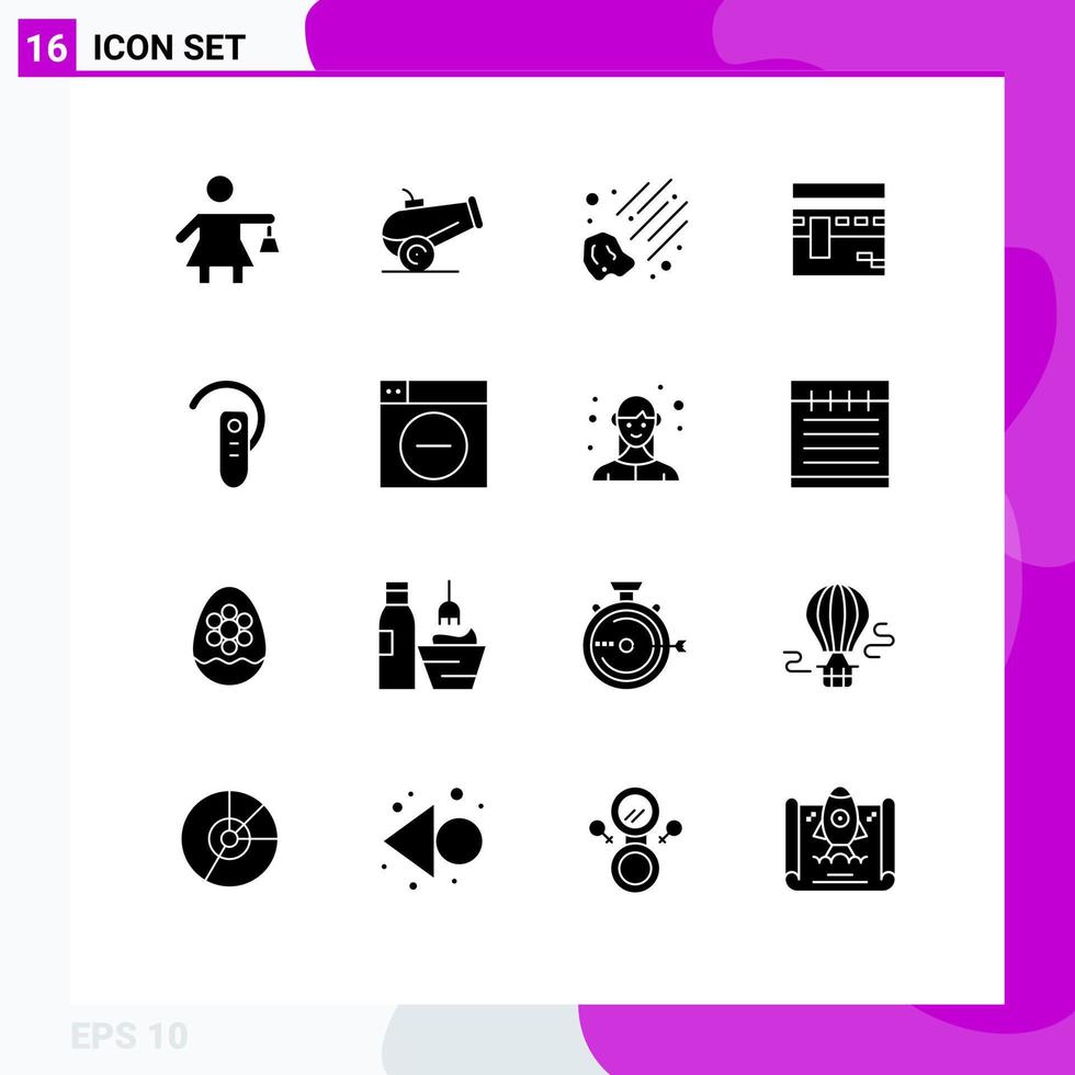 Stock Vector Icon Pack of 16 Line Signs and Symbols for headset ear kaaba bluetooth religion Editable Vector Design Elements