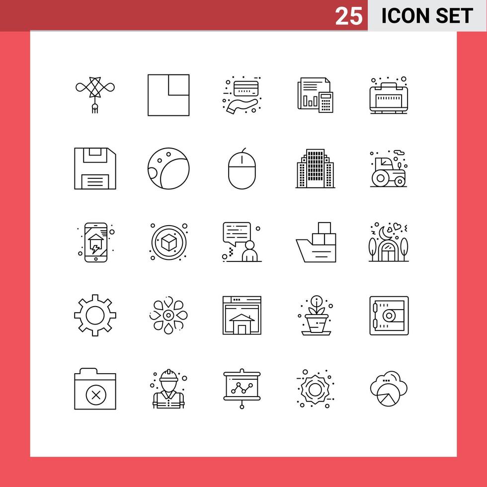 25 Universal Line Signs Symbols of report calculation credit business banking Editable Vector Design Elements