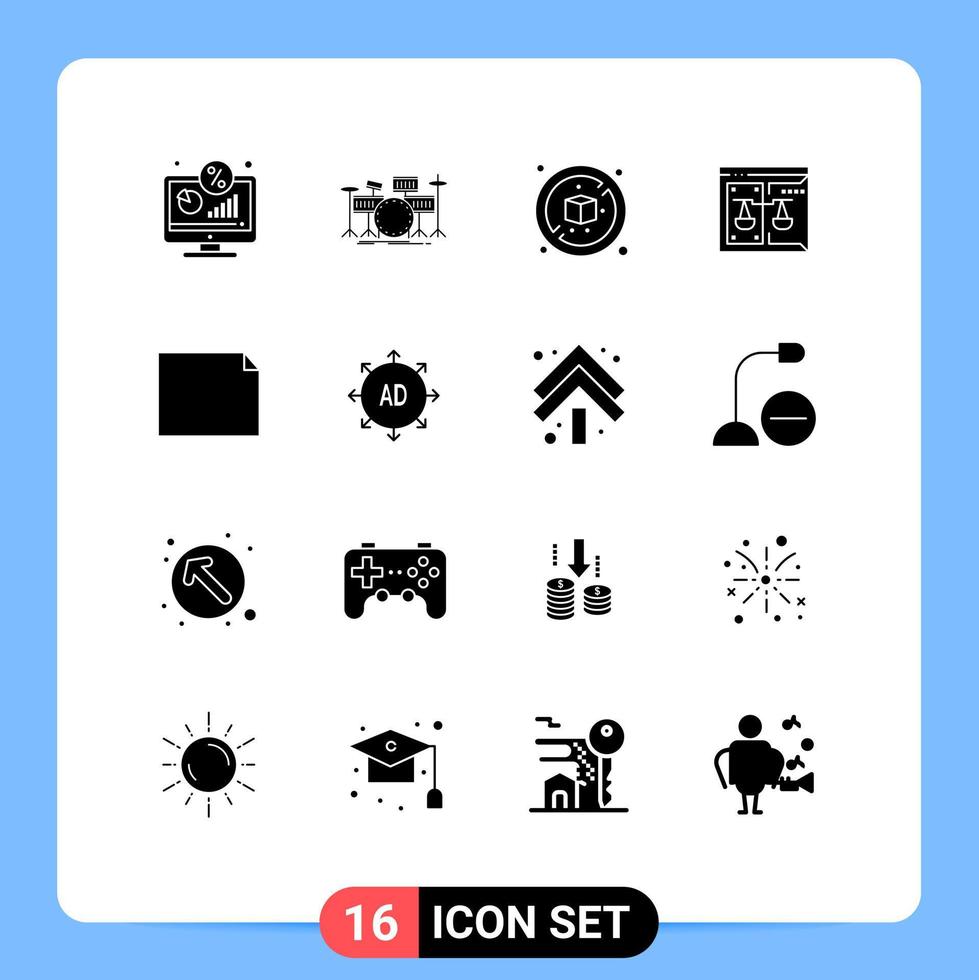 Mobile Interface Solid Glyph Set of 16 Pictograms of law court kit copyright box Editable Vector Design Elements