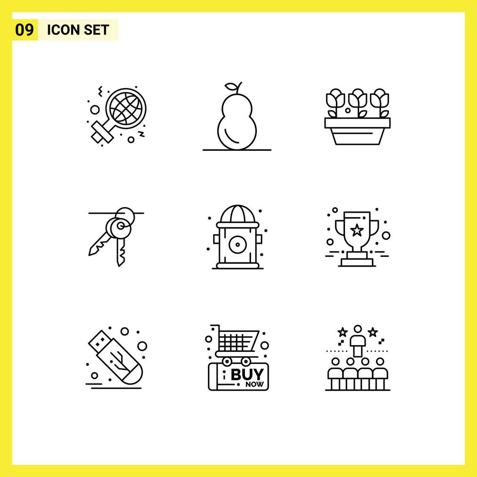 Pack of 9 Modern Outlines Signs and Symbols for Web Print Media such as hydrant city growth keys key Editable Vector Design Elements