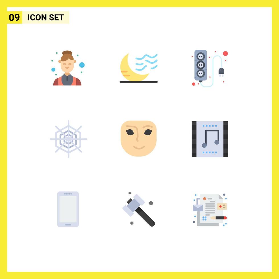 Pack of 9 Modern Flat Colors Signs and Symbols for Web Print Media such as face spider weather holiday power supply Editable Vector Design Elements