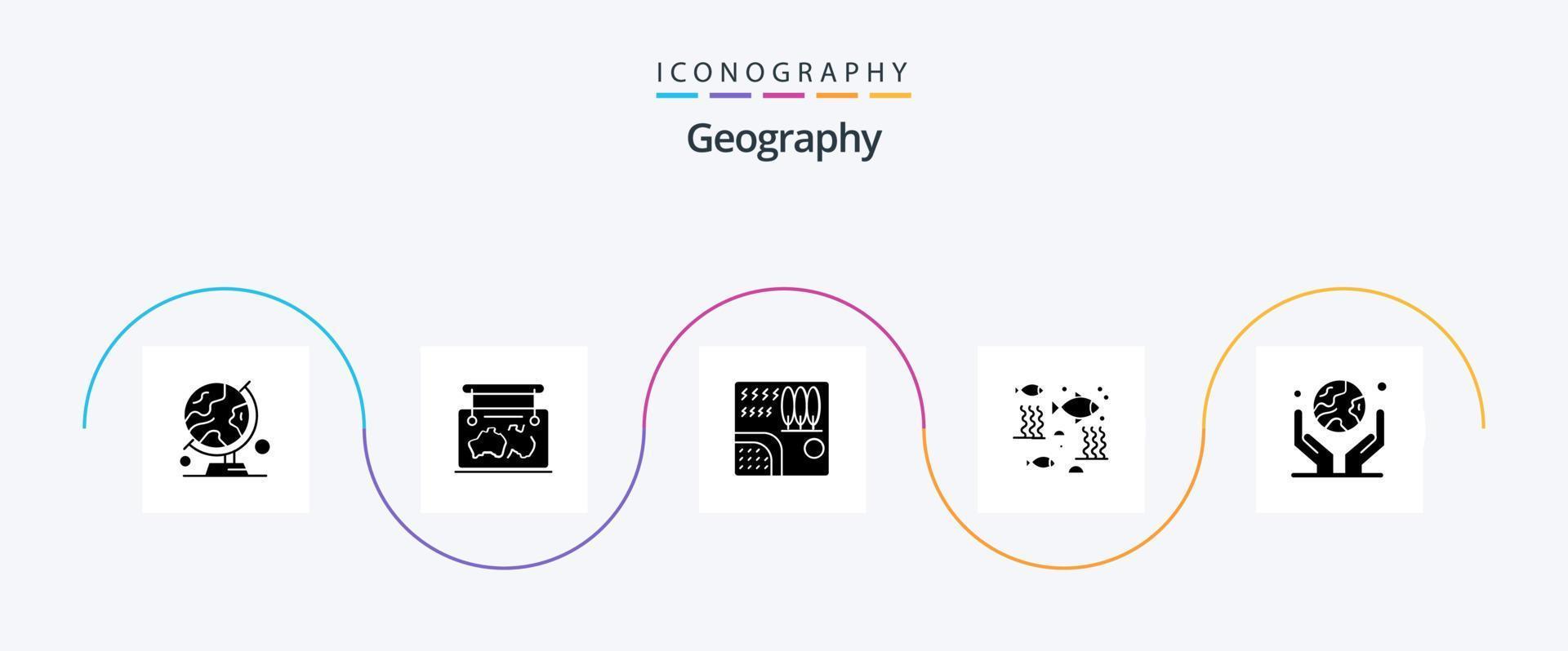 Geo Graphy Glyph 5 Icon Pack Including river. fish. guide. travel. rain vector