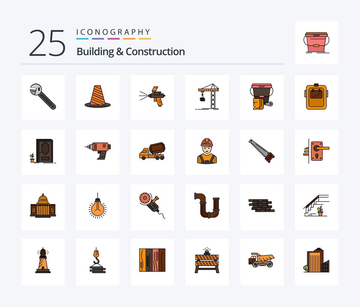 Building And Construction 25 Line Filled icon pack including construction. crane. roadblock. construction. paint vector