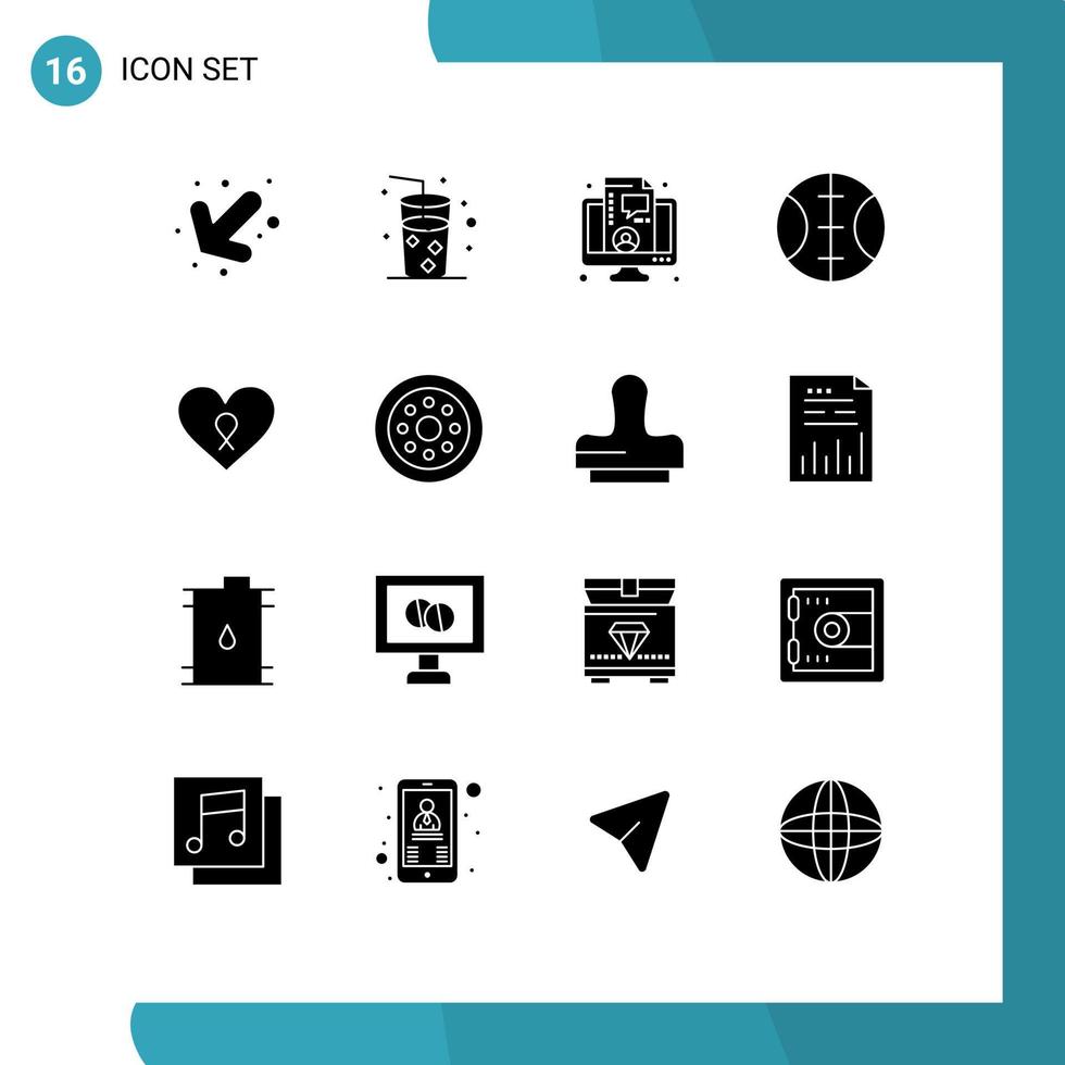 Set of 16 Commercial Solid Glyphs pack for spare parts patient finance romance heart Editable Vector Design Elements