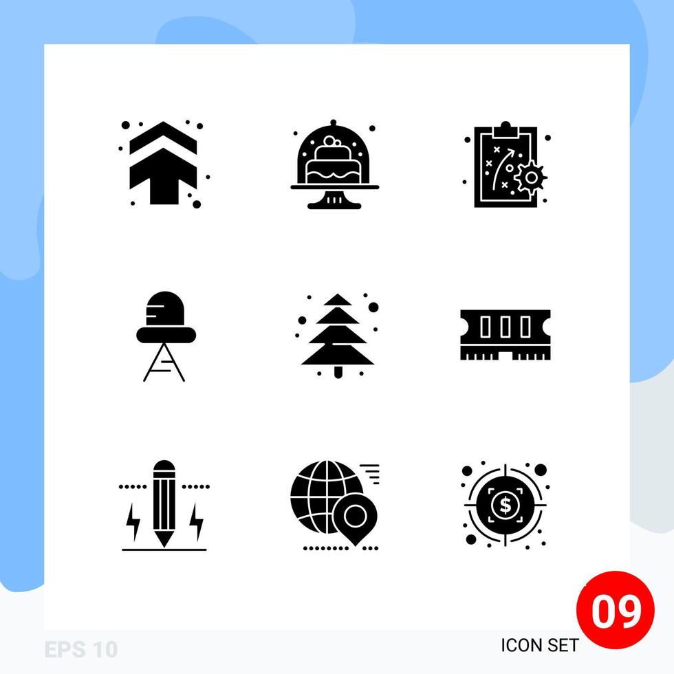 Modern Set of 9 Solid Glyphs Pictograph of camping plant dish light diode Editable Vector Design Elements