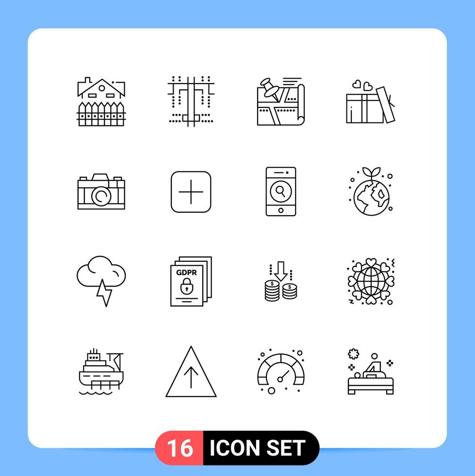 16 Thematic Vector Outlines and Editable Symbols of camera heart location love map Editable Vector Design Elements