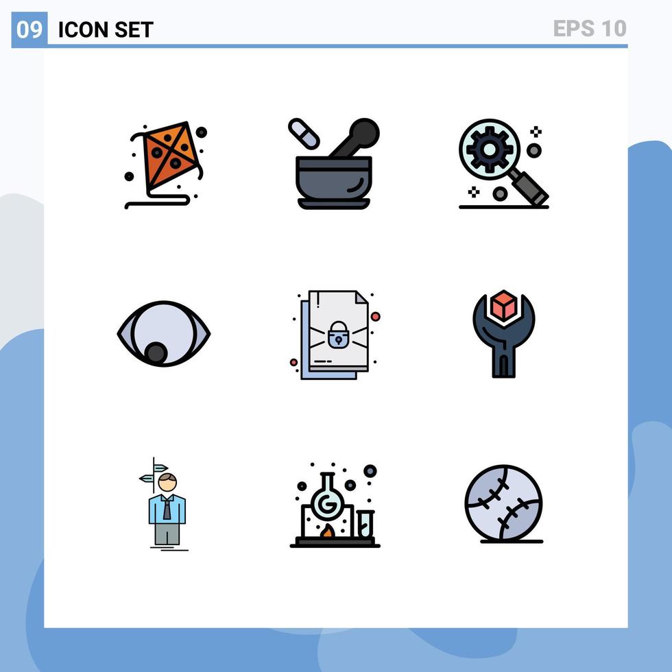 Universal Icon Symbols Group of 9 Modern Filledline Flat Colors of config lock gear under magnifier document human Editable Vector Design Elements