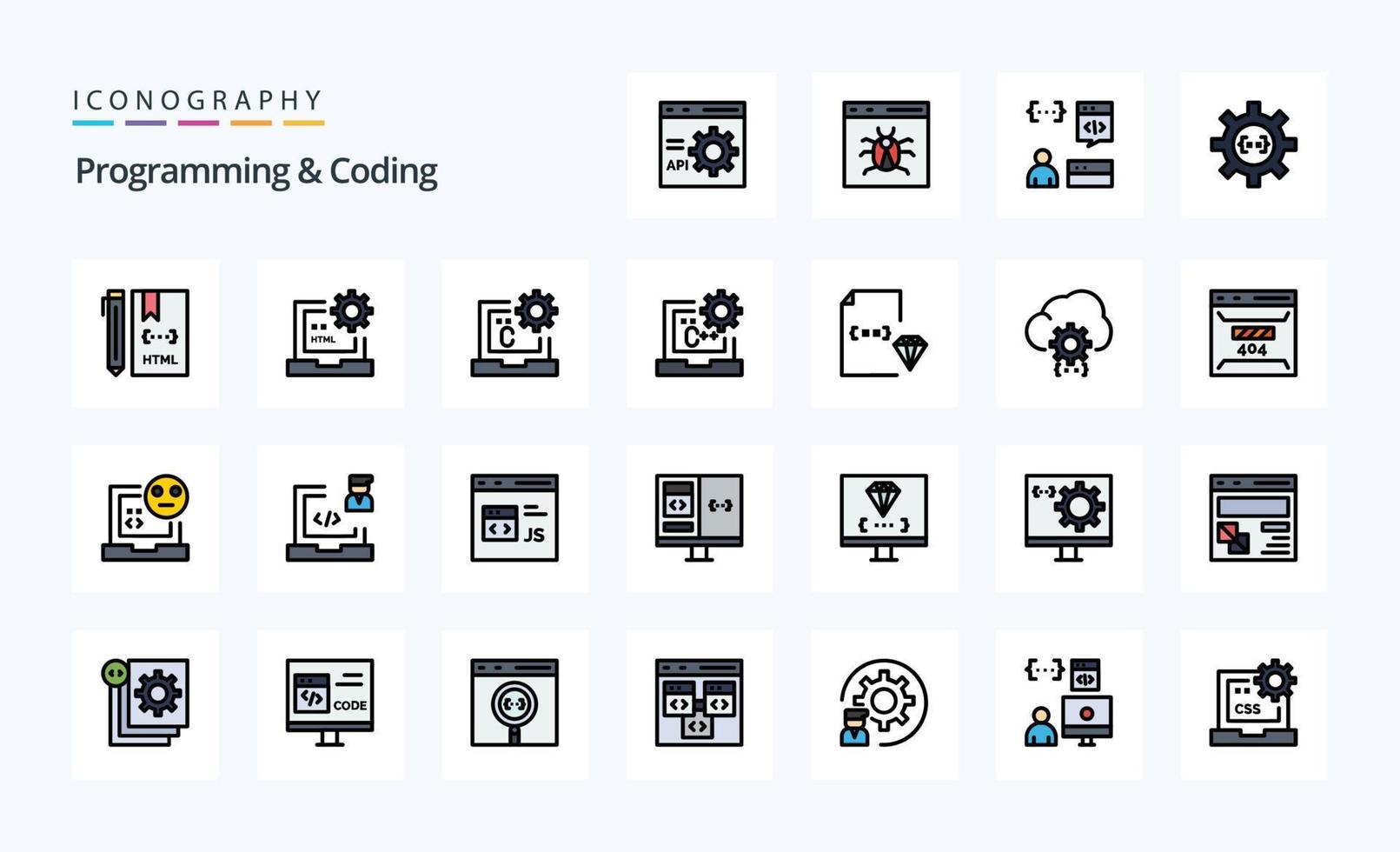 paquete de iconos de estilo lleno de línea de programación y codificación de 25 vector