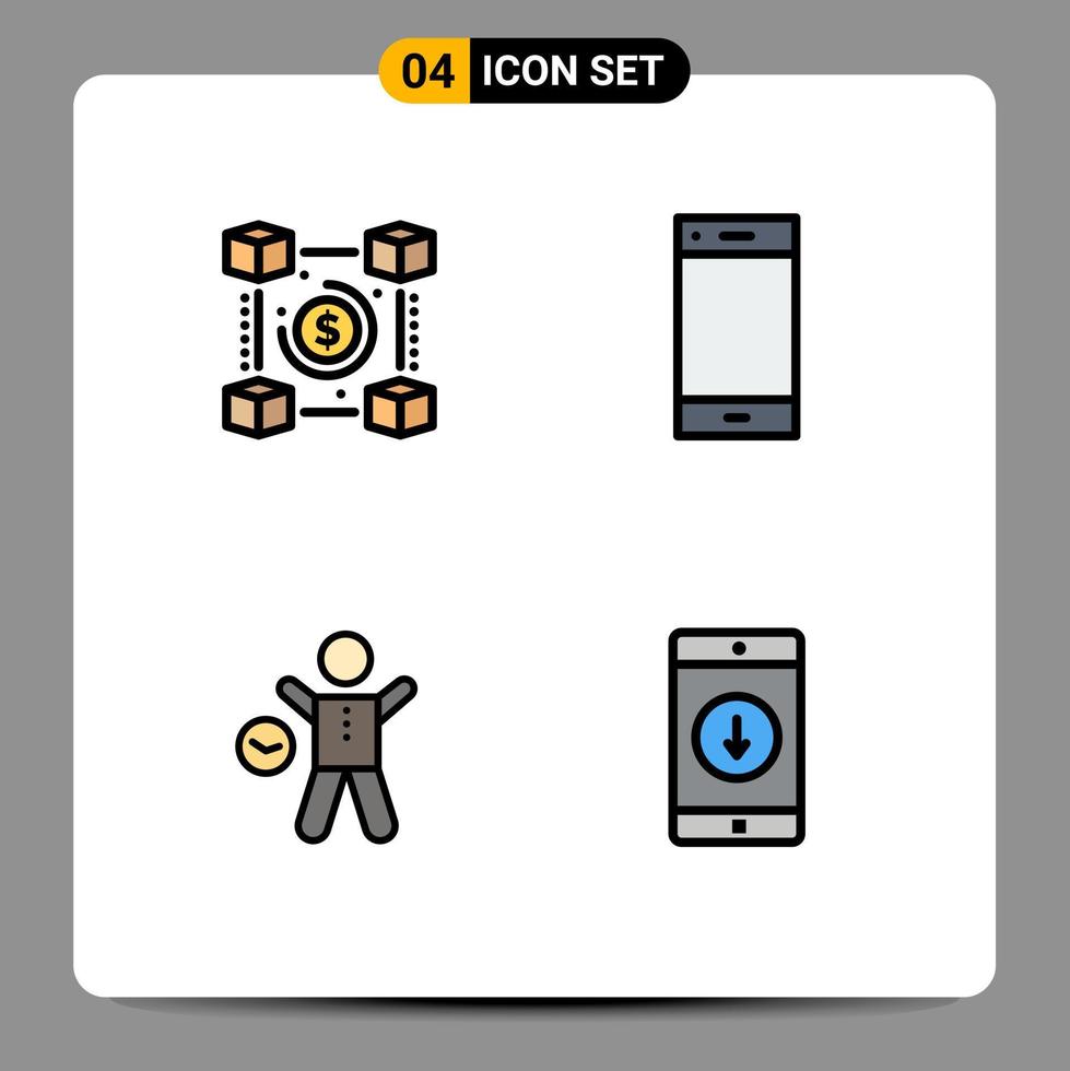 Set of 4 Vector Filledline Flat Colors on Grid for blockchain smart phone pp contact gym Editable Vector Design Elements