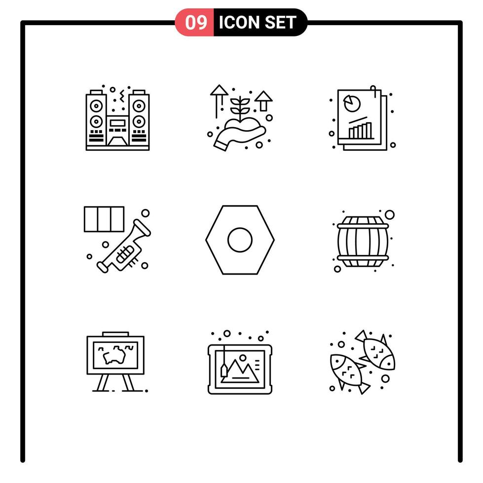 Set of 9 Modern UI Icons Symbols Signs for basic music report instrument brass Editable Vector Design Elements