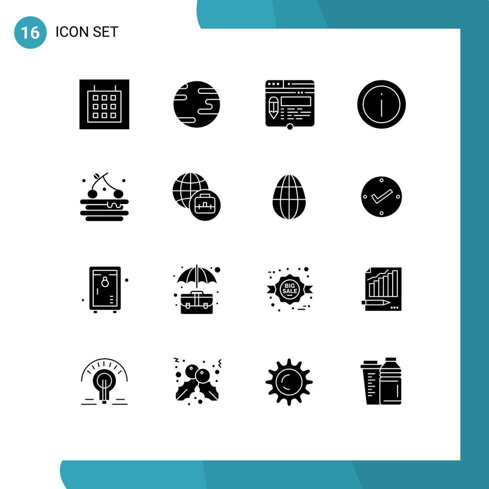 paquete de interfaz de usuario de 16 glifos sólidos básicos de información de signo de página de soporte de alimentos elementos de diseño vectorial editables vector