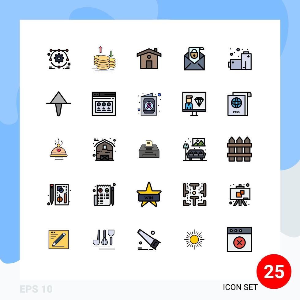 grupo de símbolos de iconos universales de 25 colores planos modernos de líneas llenas de baterías de contaminación elementos de diseño de vectores editables de correo electrónico de seguridad para el hogar