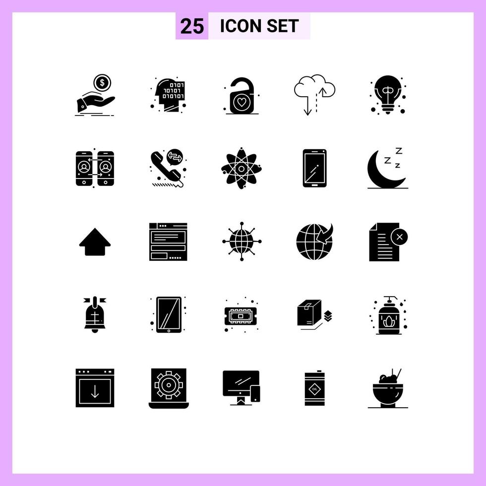 25 User Interface Solid Glyph Pack of modern Signs and Symbols of excellent idea traffic recognition data wedding Editable Vector Design Elements