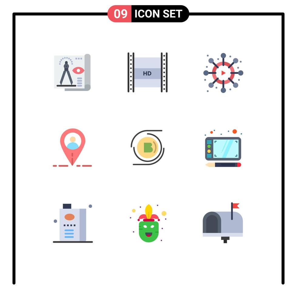 paquete de 9 signos y símbolos modernos de colores planos para medios de impresión web como s map hd ubicación de transmisión elementos de diseño de vectores editables de video
