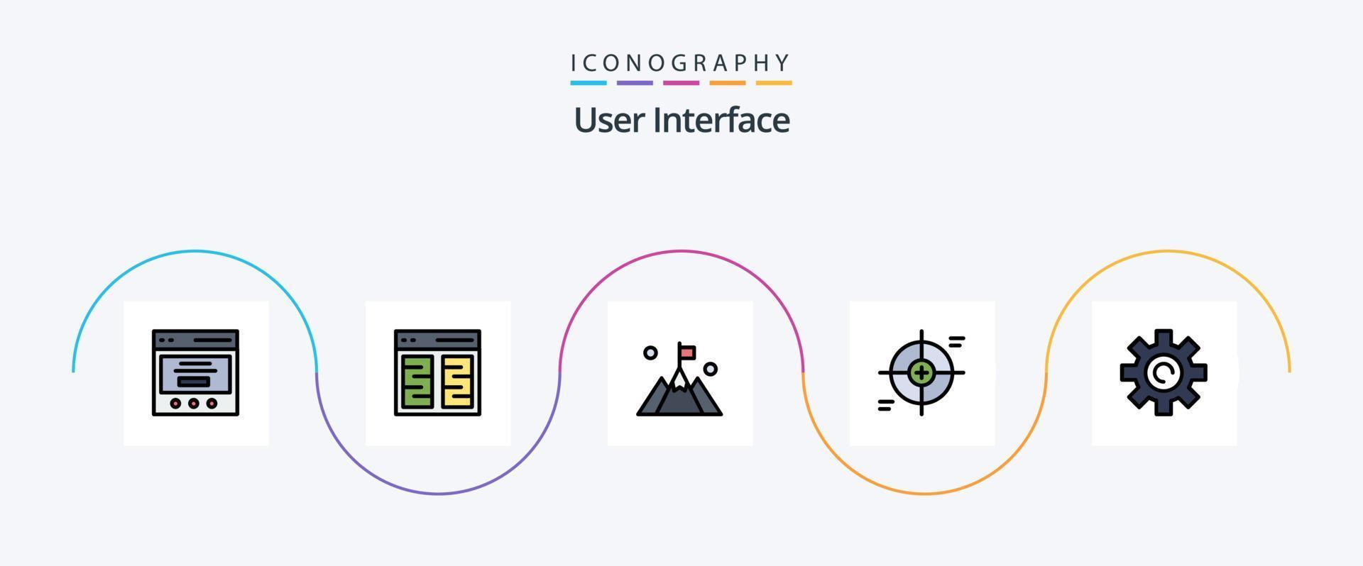 paquete de iconos de 5 planos llenos de línea de interfaz de usuario que incluye retícula. punto de mira interfaz. montaña vector