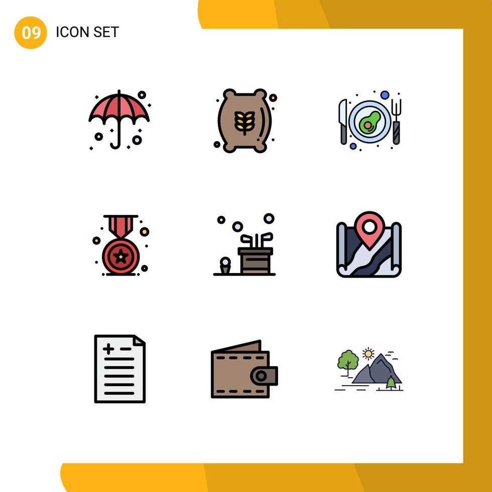 Set of 9 Modern UI Icons Symbols Signs for golf bag bacon school badge Editable Vector Design Elements