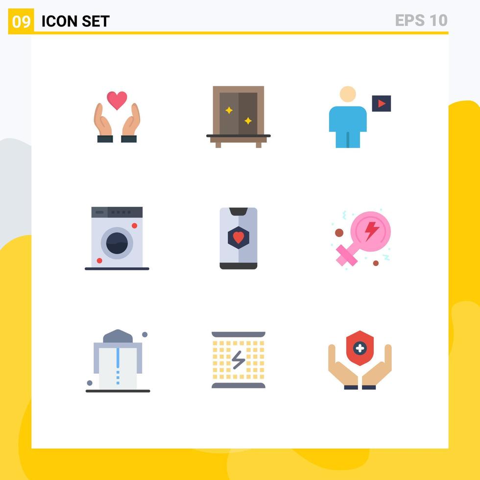9 User Interface Flat Color Pack of modern Signs and Symbols of date washing body machine clean Editable Vector Design Elements
