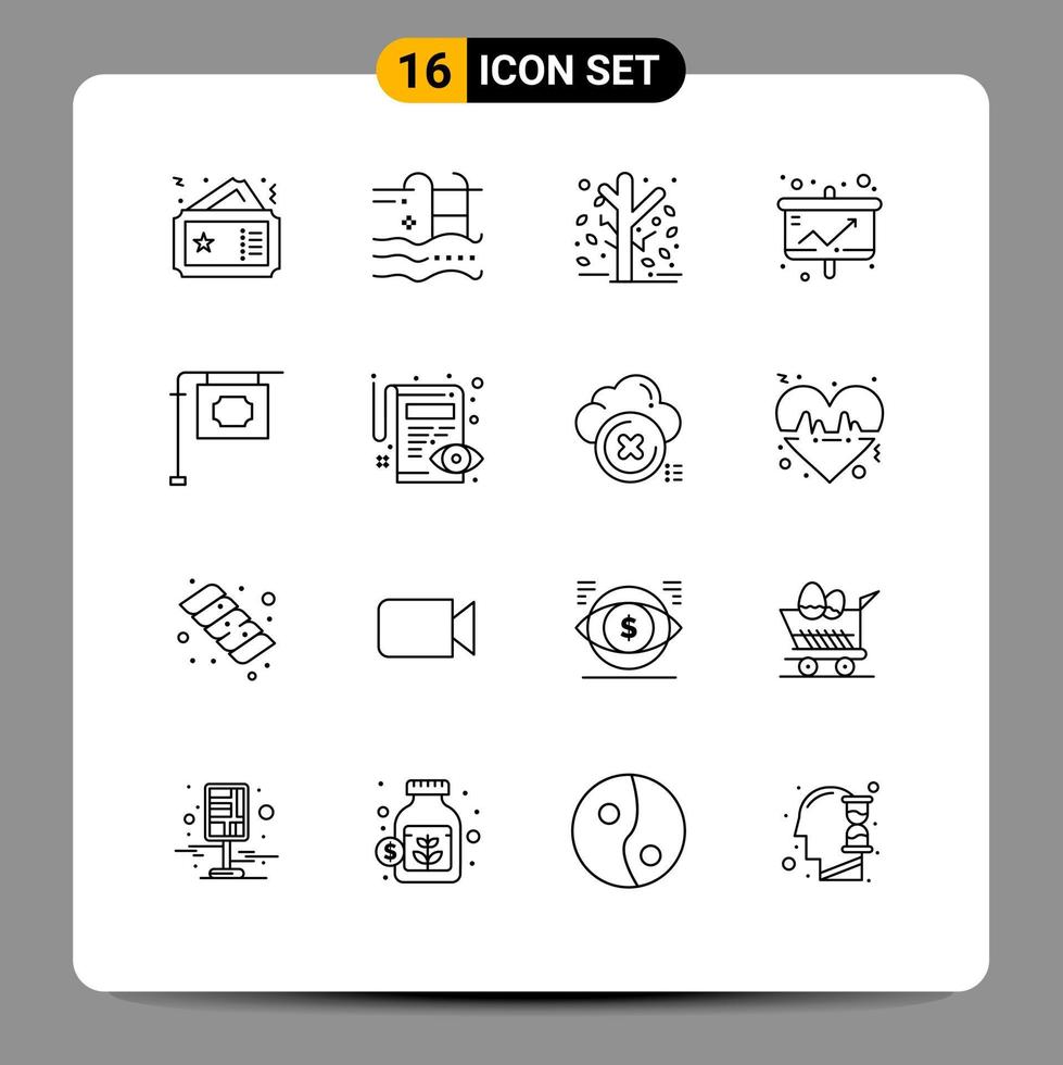 16 User Interface Outline Pack of modern Signs and Symbols of model business swimming tree garden Editable Vector Design Elements