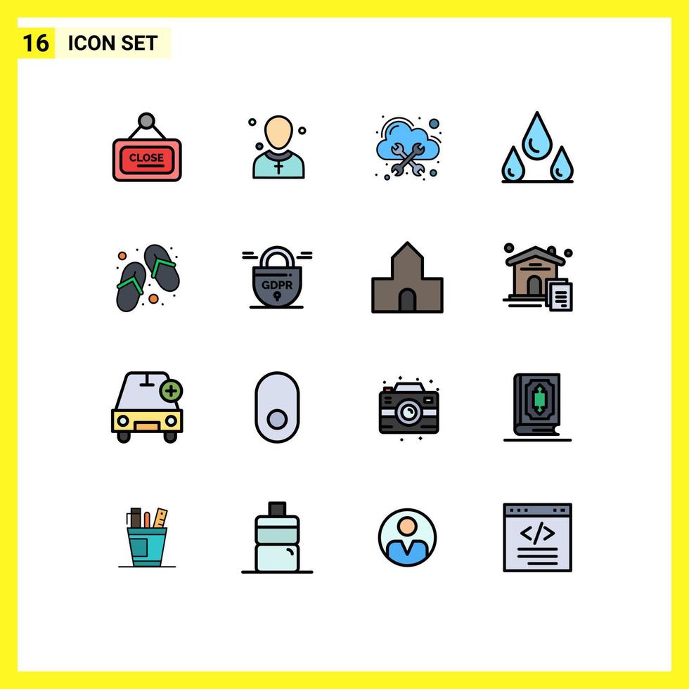 Group of 16 Flat Color Filled Lines Signs and Symbols for shoes wet preacher weather cloud Editable Creative Vector Design Elements