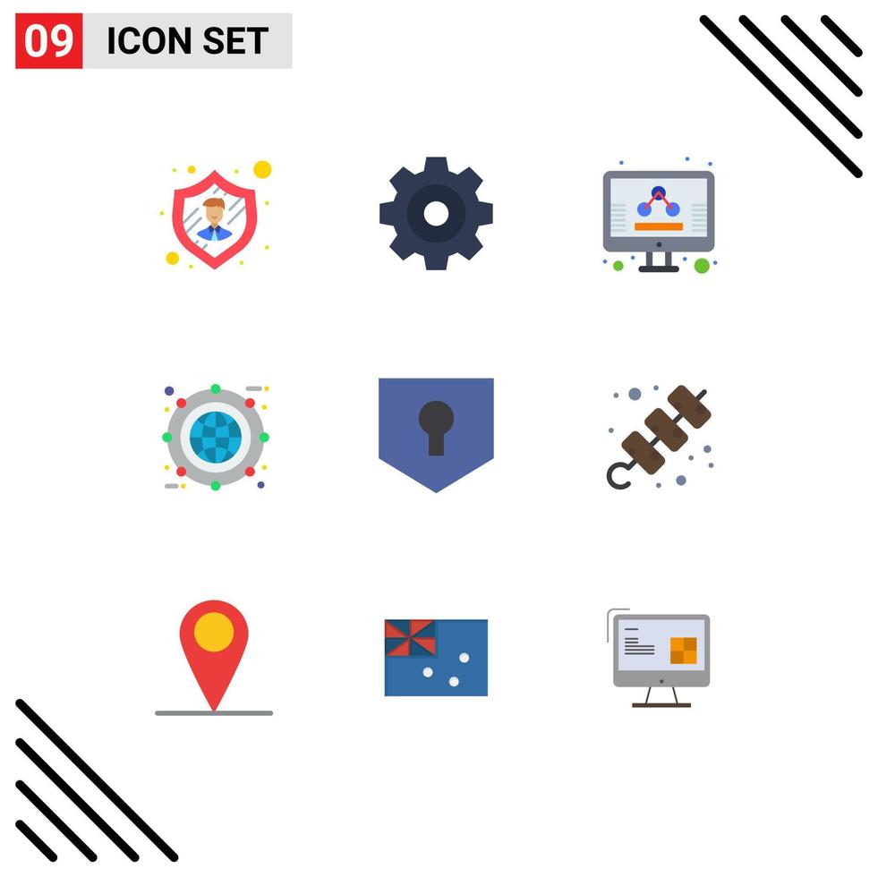 Mobile Interface Flat Color Set of 9 Pictograms of security key marketing line box Editable Vector Design Elements