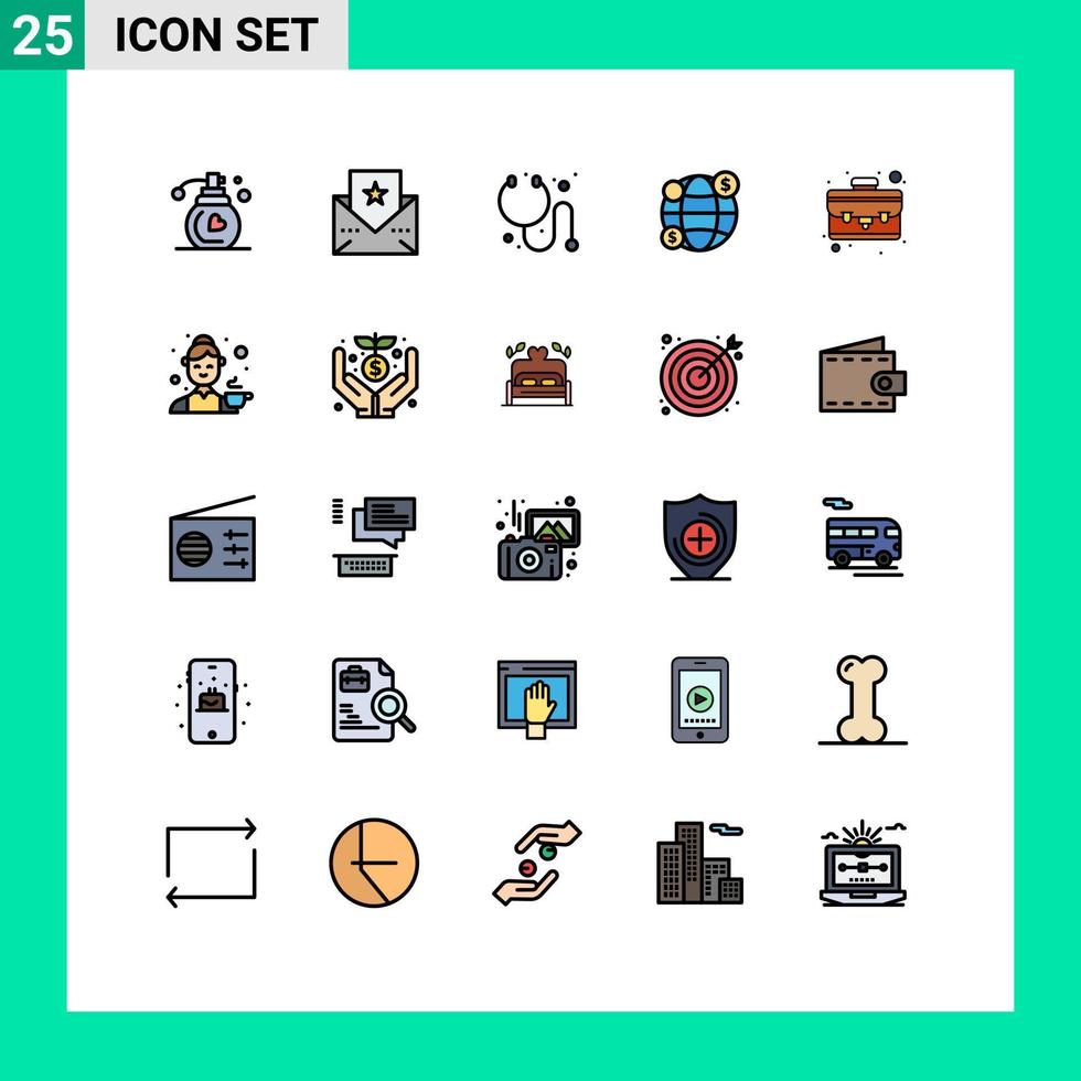 Mobile Interface Filled line Flat Color Set of 25 Pictograms of female avatar stethoscope thing case Editable Vector Design Elements