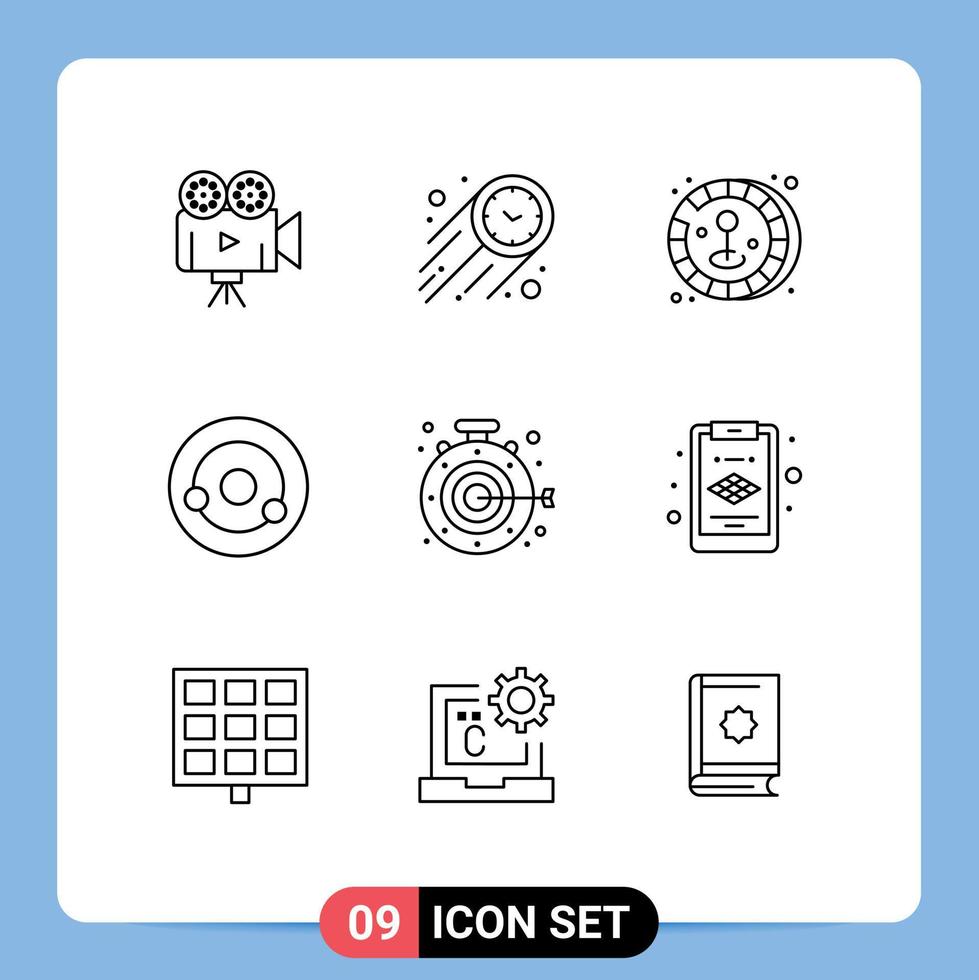 Pack of 9 Modern Outlines Signs and Symbols for Web Print Media such as aim stopwatch coin molecule biology Editable Vector Design Elements