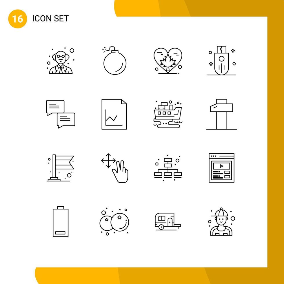 User Interface Pack of 16 Basic Outlines of communication storage autumn stick memory Editable Vector Design Elements
