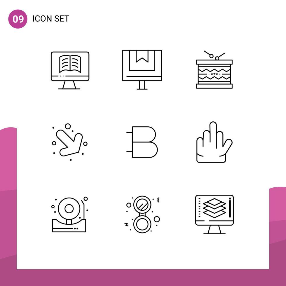 Mobile Interface Outline Set of 9 Pictograms of coin right drum down st Editable Vector Design Elements