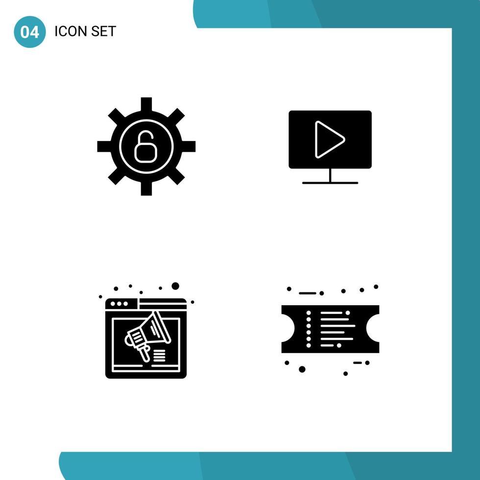 Pack of 4 creative Solid Glyphs of protection sound monitor play webpage Editable Vector Design Elements