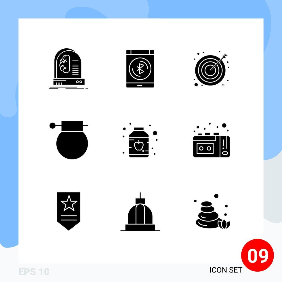 conjunto moderno de 9 glifos y símbolos sólidos, como armas militares, teléfonos inteligentes, bombas, éxito, elementos de diseño vectorial editables vector