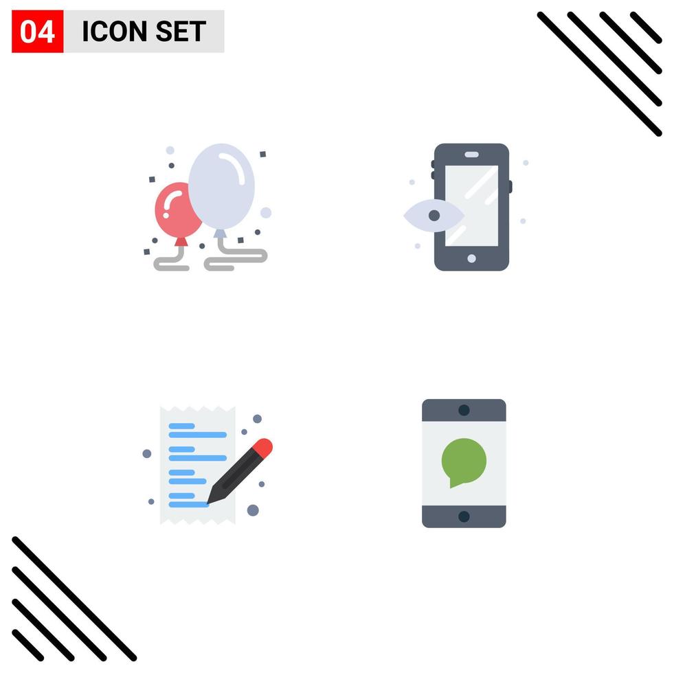 Mobile Interface Flat Icon Set of 4 Pictograms of balloon paper party preview cellphone Editable Vector Design Elements