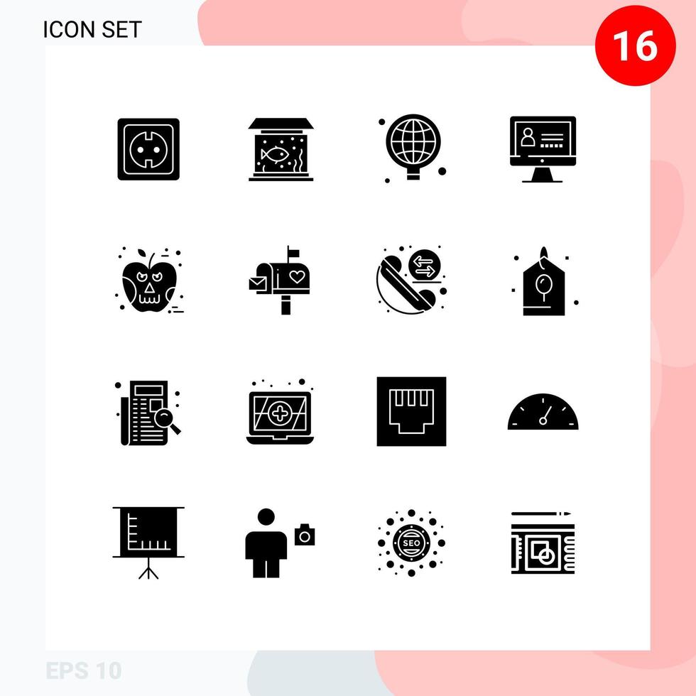 Solid Glyph Pack of 16 Universal Symbols of halloween security tank internet idea Editable Vector Design Elements