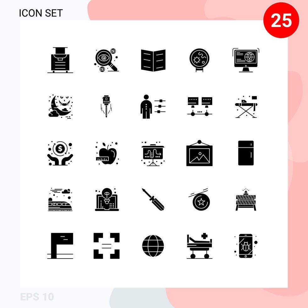 Pictogram Set of 25 Simple Solid Glyphs of development information book search viruses Editable Vector Design Elements