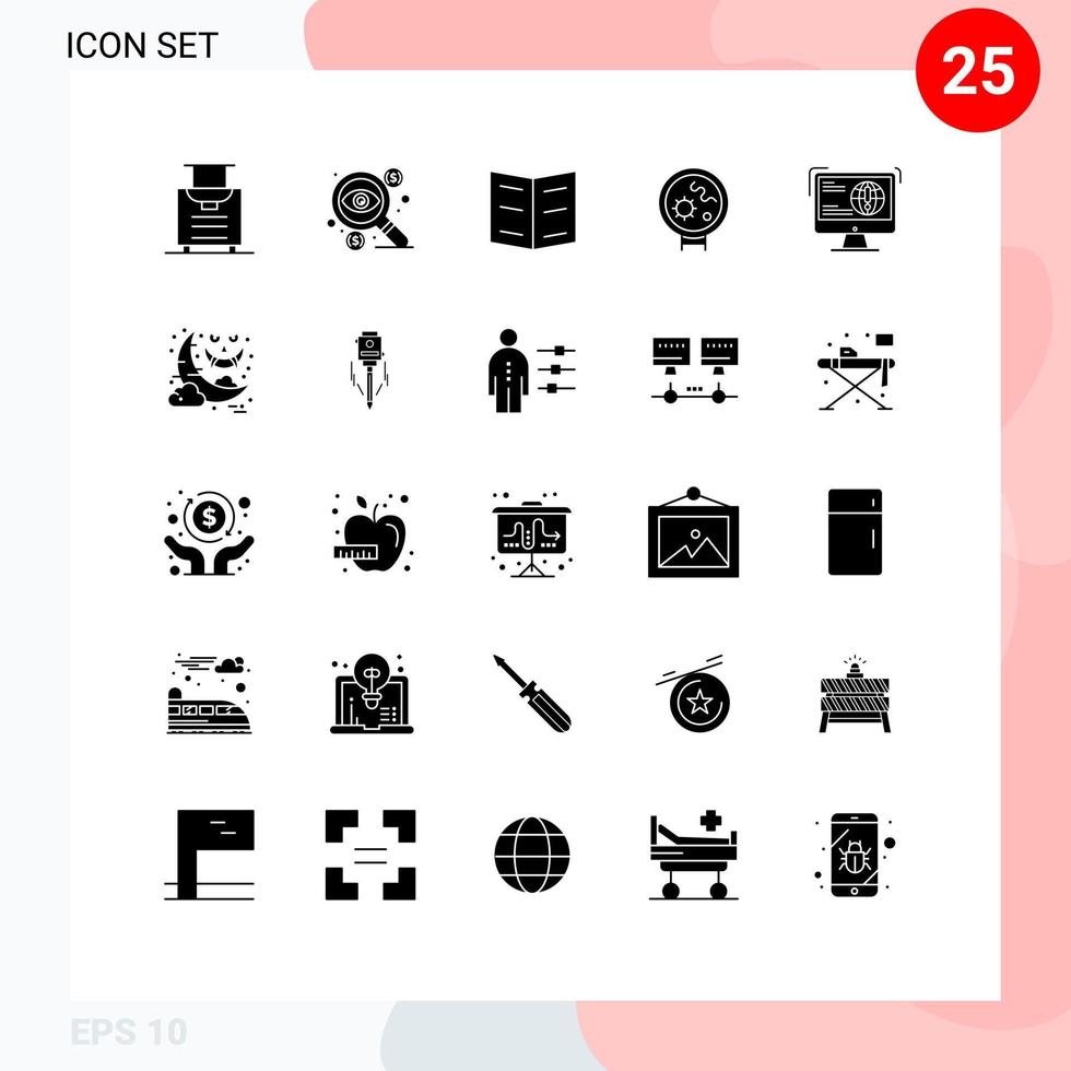 conjunto de pictogramas de 25 glifos sólidos simples de virus de búsqueda de libros de información de desarrollo elementos de diseño de vectores editables